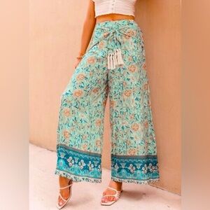 SIMPLEE Fringe Belt Floral Print Wide Leg Pants Size L